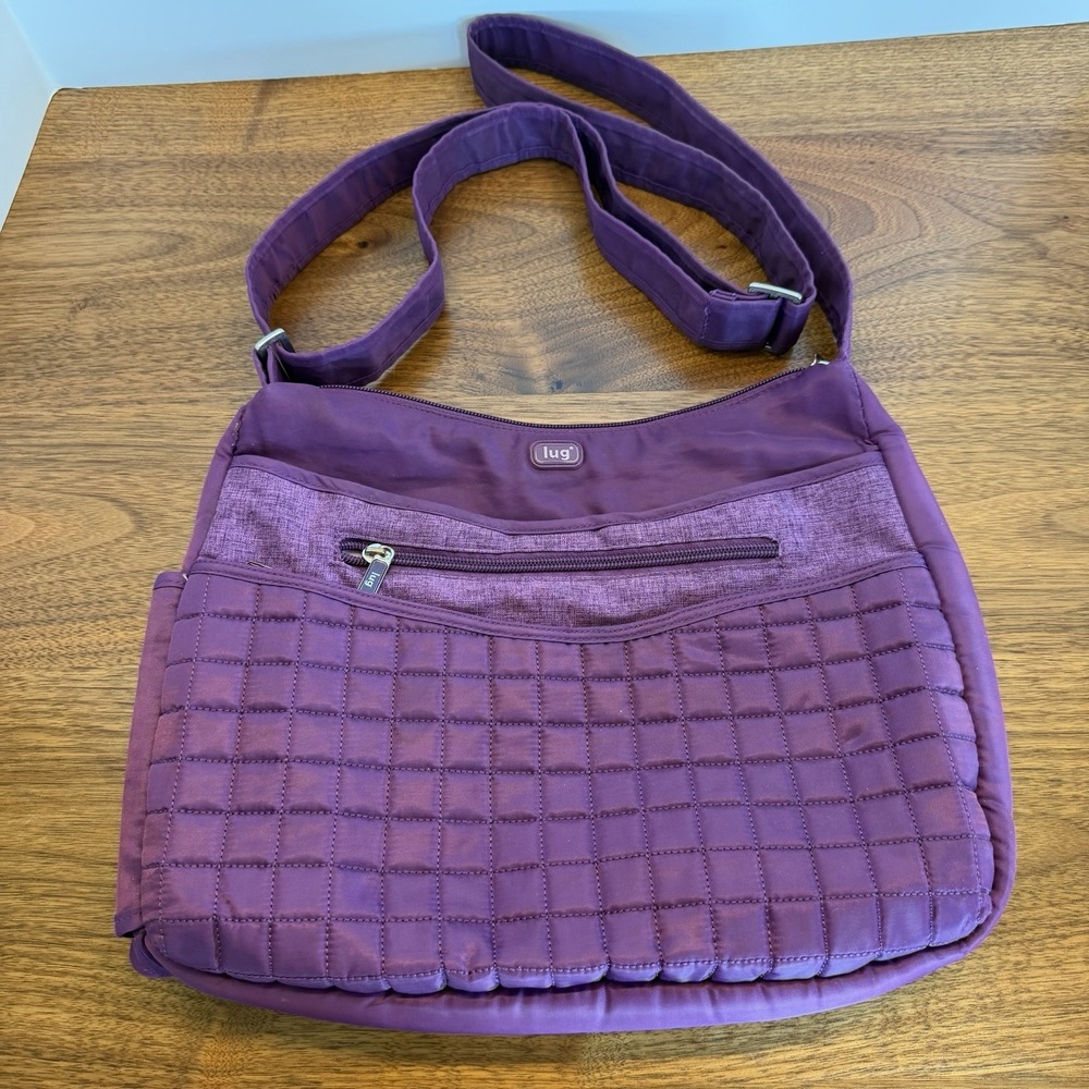 Lug Quilted Nylon Crossbody Bag Plum Multi Pocket Travel Organizer Purse